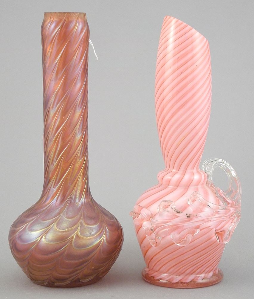 Two Bohemian Vases: Iridescent Kralik Vase & Franz Weiz Candy Stripe Vase, 7 1/4 &7 1/8" (1 of 2)