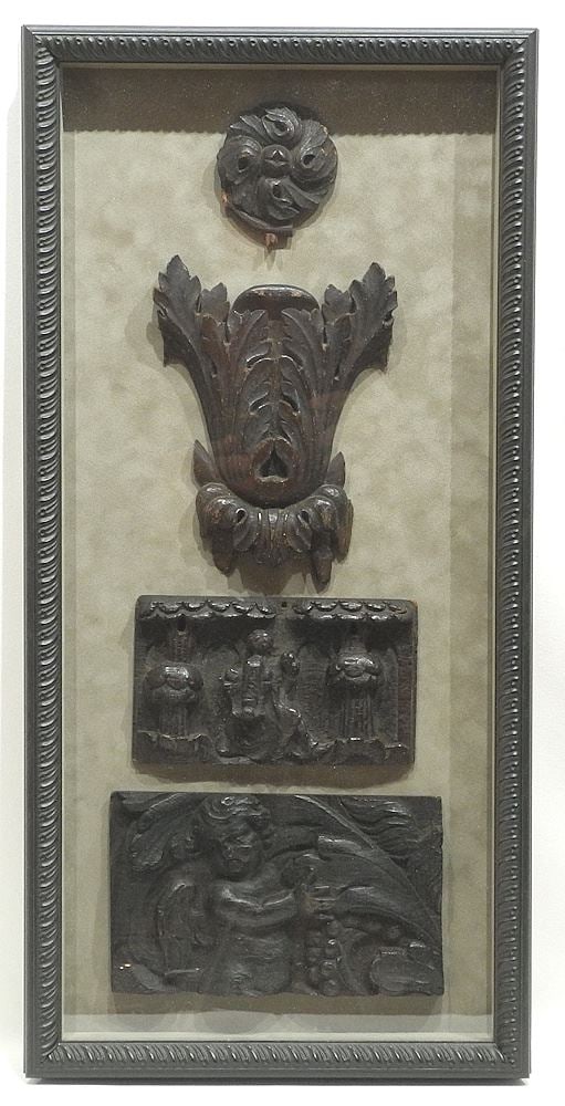 Collection of 13th C. English Oak Carvings in Shadow Box.: Collection of 13th C. English Oak Carvings in Shadow Box.