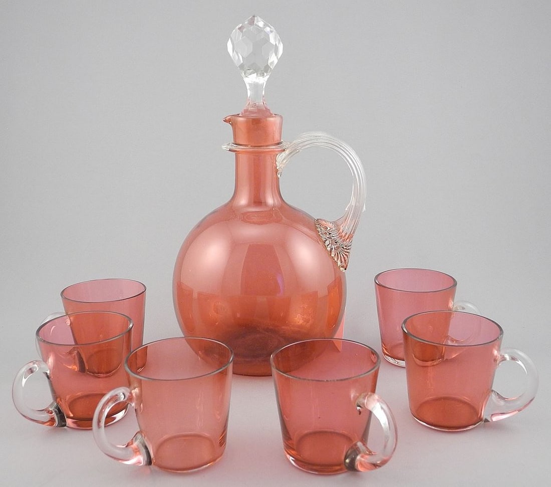 Antique Cranberry Decanter (10"h) & Six Cups.: Antique Cranberry Decanter (10"h) & Six Cups.