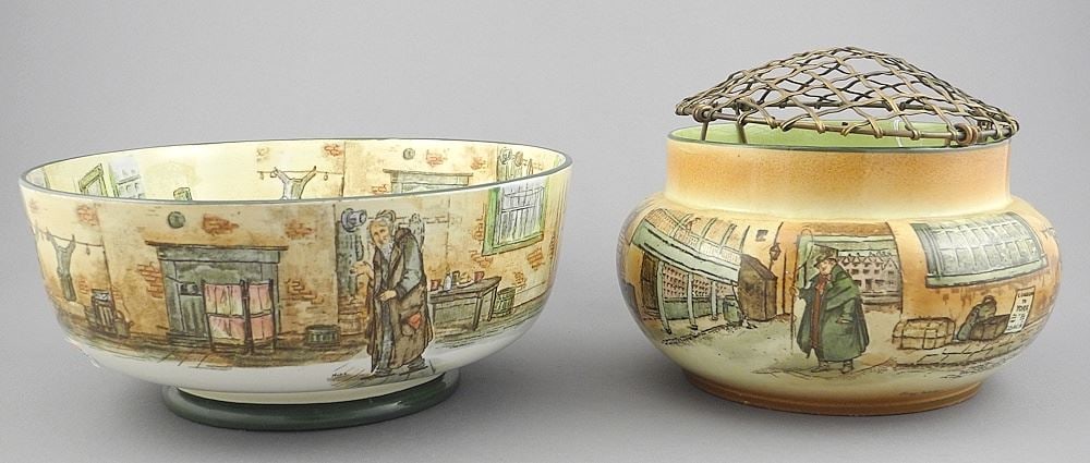 Two Royal Doulton Dickens Ware Items , Bowl, 8"/Vase with Flower & Frog, 6"w. (1 of 6)