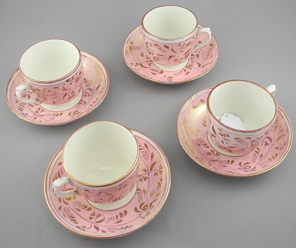 Four Pink Lustre Cups & Saucers.: Four Pink Lustre Cups & Saucers.