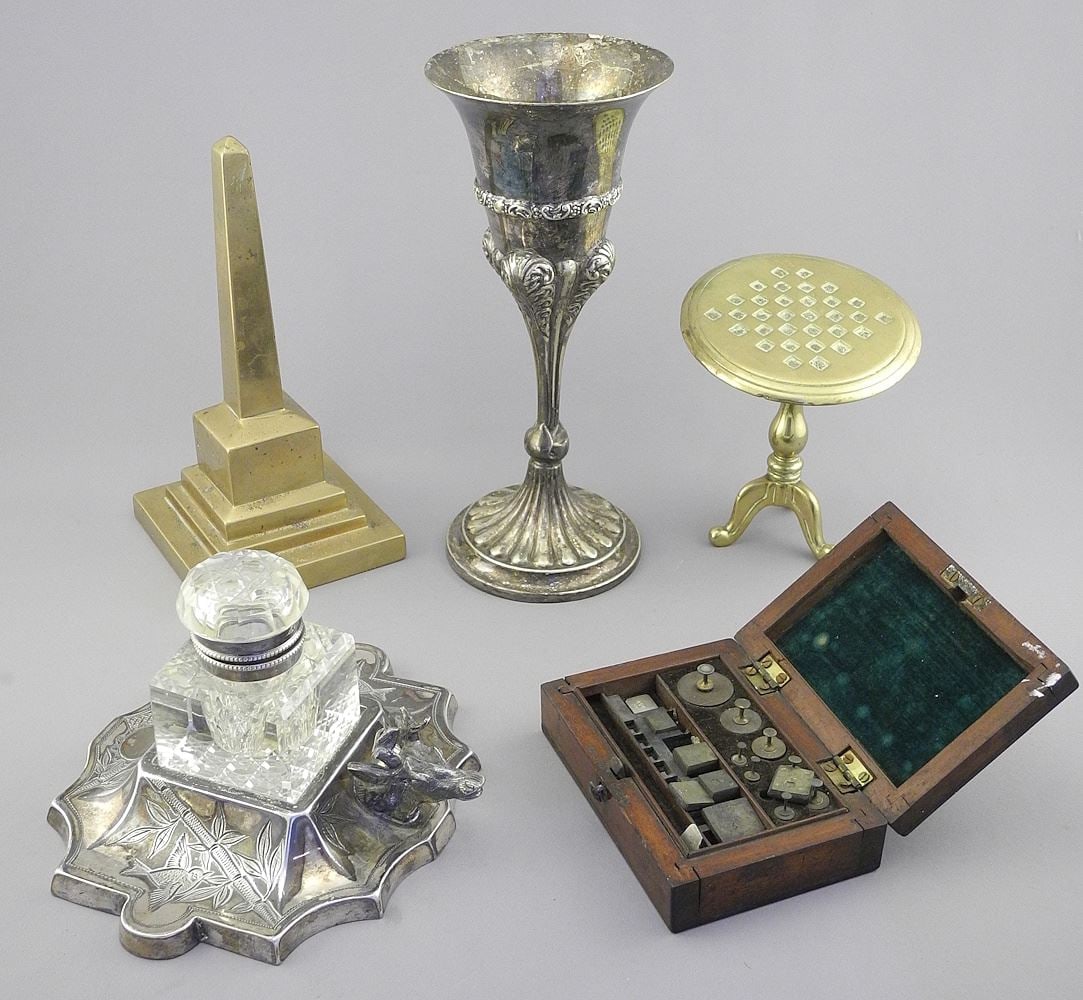 Collection of Silver Plated/Brass/ Bronze Wares: Inkwell/Steins/Weights (1 of 4)
