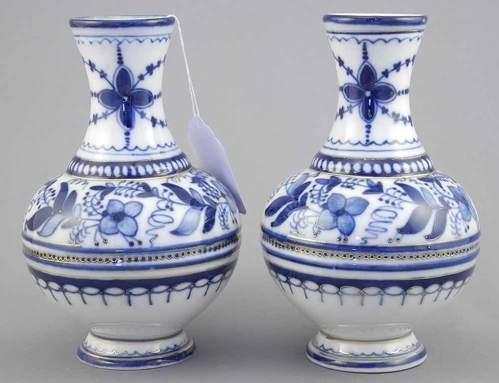 Pair of European Porcelain Vases with Crossed Swords Variant Mark, 5 1/2"h.: Pair of European Porcelain Vases with Crossed Swords Variant Mark, 5 1/2"h.