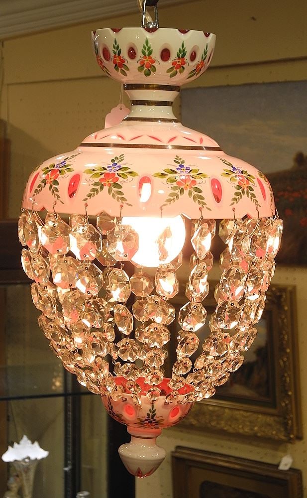 Bohemian Cut Cranberry Glass Light Fixture, 9" Diameter. (1 of 3)