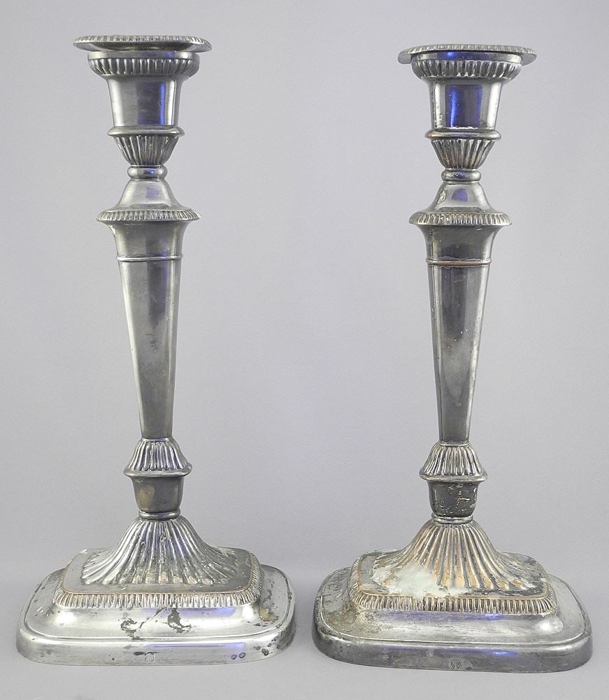 Pair of Old Sheffield Plate Candlesticks, 12 1/2"h (rubbing noted). (1 of 3)