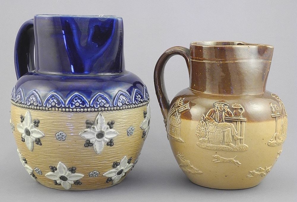 Two Royal Doulton Glazed Stoneware Jugs, One with Floral Motif, Tallest 6 1/4"h. (1 of 3)