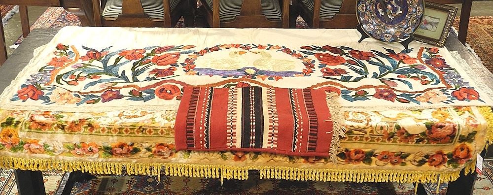 Three Textile Items: Tapestry (60 x 68")/Embroidery/Cushion Case. (1 of 4)