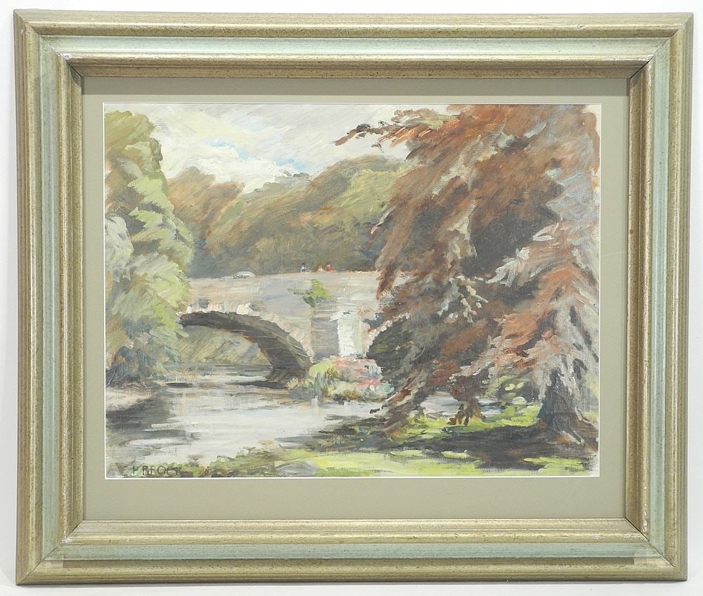 Oil on Canvas Mounted to Board signed E.P.Brock, 14 3/4 x 19 1/4", "Figures Upon Bridge".: Oil on Canvas Mounted to Board signed E.P.Brock, 14 3/4 x 19 1/4", "Figures Upon Bridge".