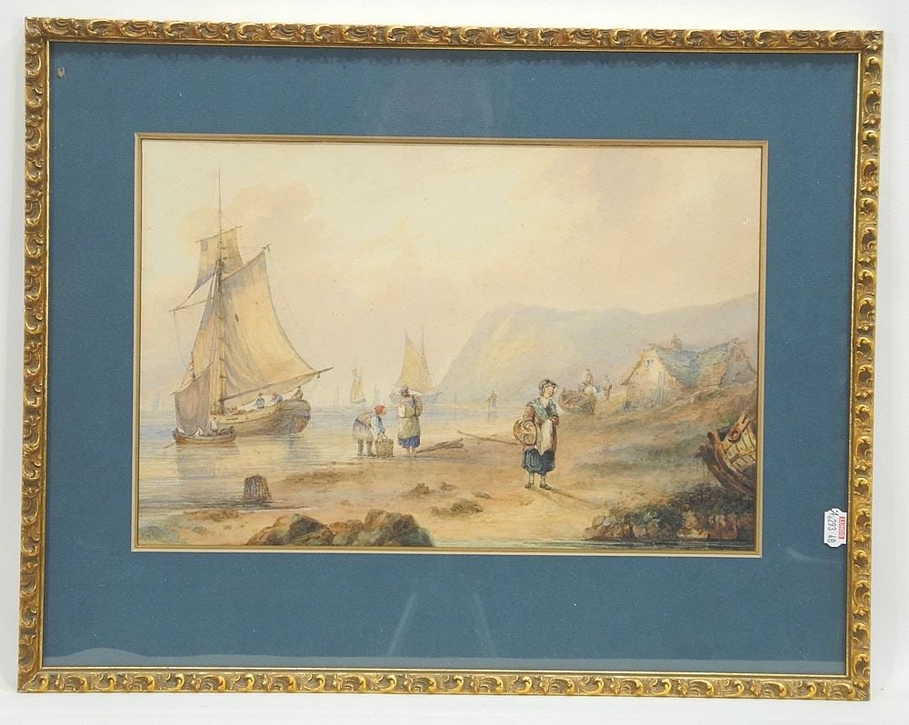 Watercolour English School 19th C., 9 x 13 5/8", "Coastal View with Fisher Folk". (1 of 2)