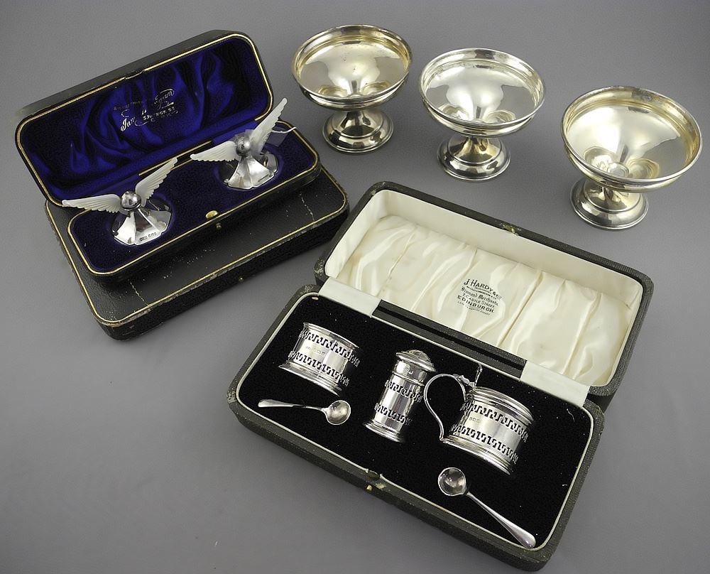 Silver: Condiment Set/3 Sorbets (258 g weighted)/Spoon Set/Knife Rests (damaged) TW 254g. (1 of 6)