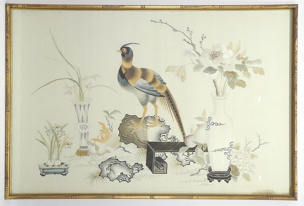 Chinese Silk "Pheasant & Antiques" Embroidery Panel, 28 x 42".: Chinese Silk "Pheasant & Antiques" Embroidery Panel, 28 x 42".