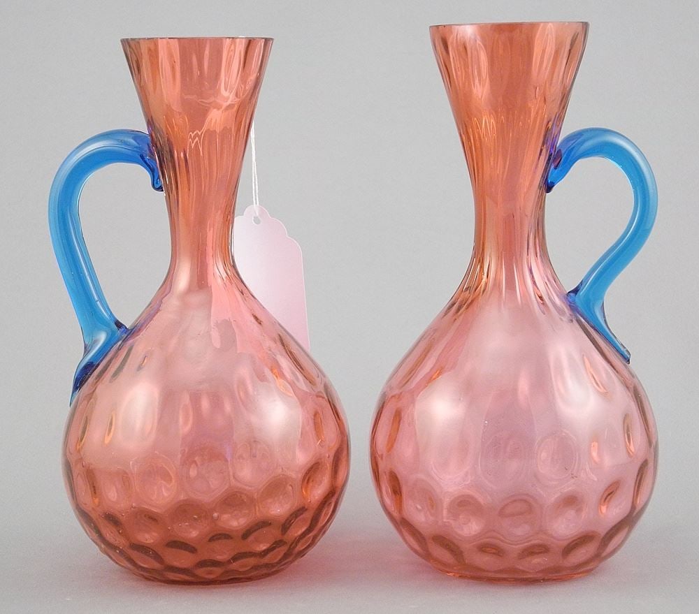 Pair of American Inverted Thumbprint Cranberry Glass Jugs with Turquoise Glass Handles (one cracked (1 of 2)