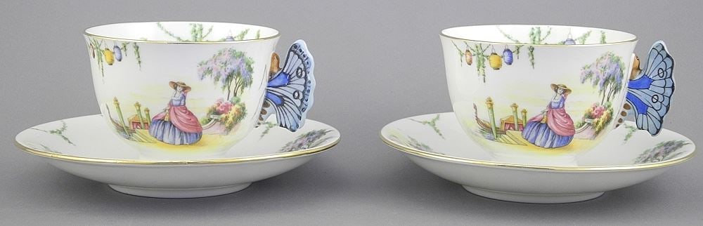 Pair Aynsley "Venetian Lady" Butterfly Handle Cups & Saucers. (1 of 4)