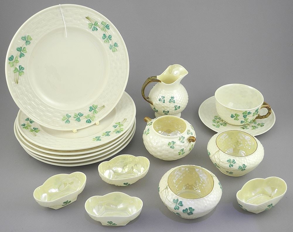 Belleek Dessert Service with Six Cups & Saucers/Cake Plates/Milk Jug/ Nut Dishes etc. (1 of 4)