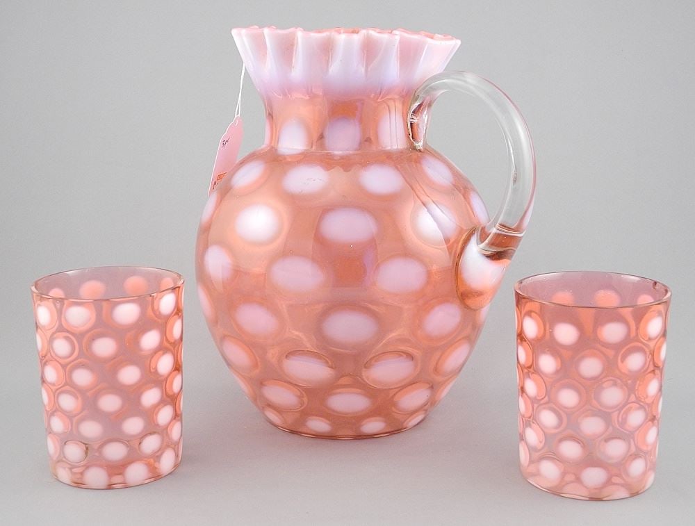 Vintage Opalescent Cranberry Coin Dot Large Pitcher, 8 1/2" & Two Glasses.: Vintage Opalescent Cranberry Coin Dot Large Pitcher, 8 1/2" & Two Glasses.