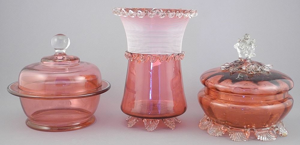 Two Cranberry Glass Covered Dishes & Threaded Celery Vase, 5 1/8 - 6 3/4" h. (1 of 3)