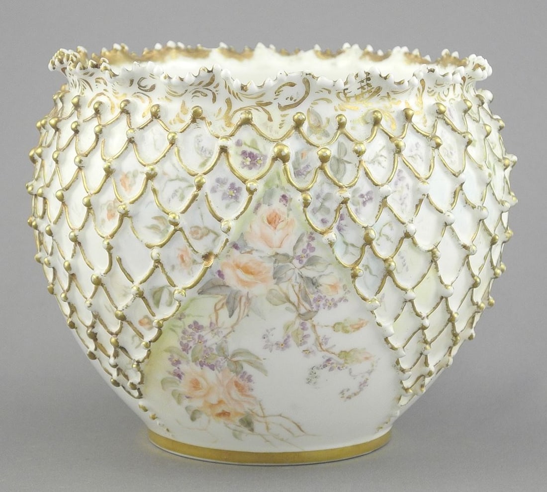 Knowles Taylor & Knowles "Lotus Ware" Porcelain Bowl, 4 1/8"h (2 crenellations missing).: Knowles Taylor & Knowles "Lotus Ware" Porcelain Bowl, 4 1/8"h (2 crenellations missing).