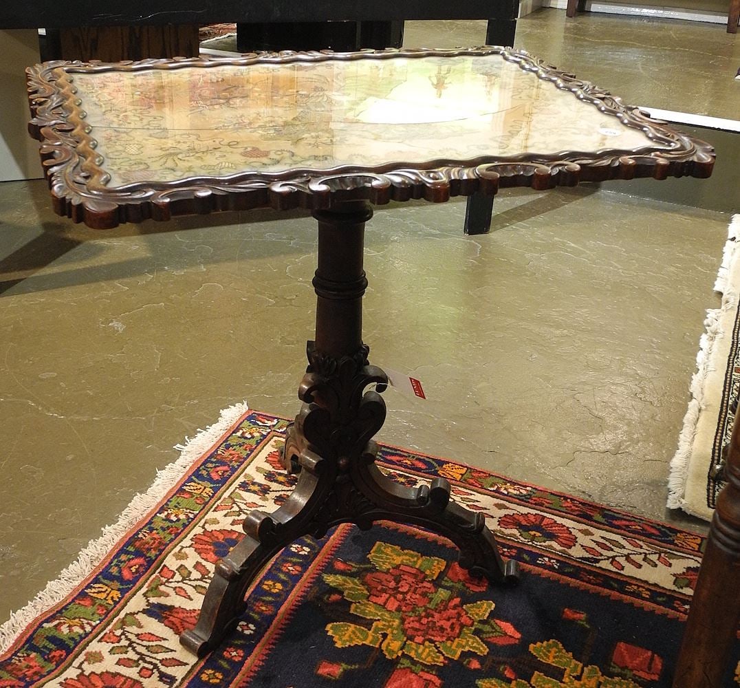 Georgian Needlework Mounted in 19th C. Deep Carved Mahogany Tripod Table , 29 3/4"h (glazing noted) (1 of 4)