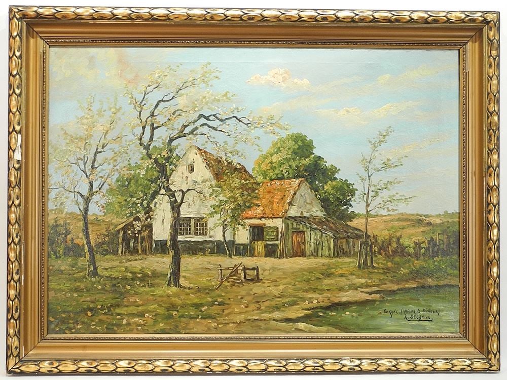Oil on Canvas signed R.Delboue, 27 3/4 x 39 1/4", "Goxyde (Maison de Pecheur)" (frame noted).: Oil on Canvas signed R.Delboue, 27 3/4 x 39 1/4", "Goxyde (Maison de Pecheur)" (frame noted).