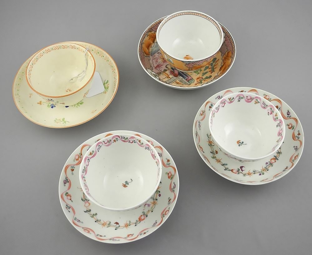 Four Late 18th C. New Hall Tea Bowls & Saucers.: Four Late 18th C. New Hall Tea Bowls & Saucers.
