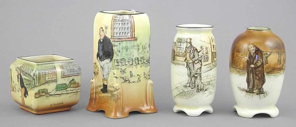 Four Miniature Royal Doulton Dickens Ware Vases: Fat Boy, Bill Skyes, Fagin & Mr. Pickwick. (1 of 3)