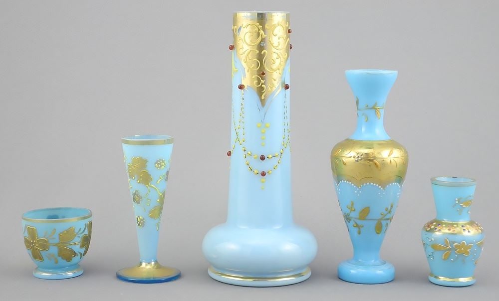 Group of Five Pieces Moser Style Turquoise Opaline Glass, 1 3/8 - 5 1/4"h. (1 of 2)