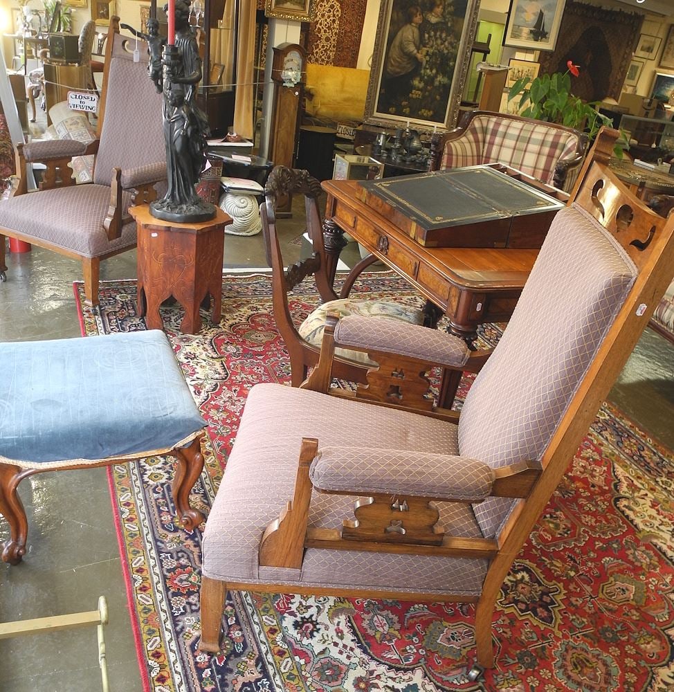 Pair of Transitional Hardwood Armchairs - C.1900, 45"h.: Pair of Transitional Hardwood Armchairs - C.1900, 45"h.
