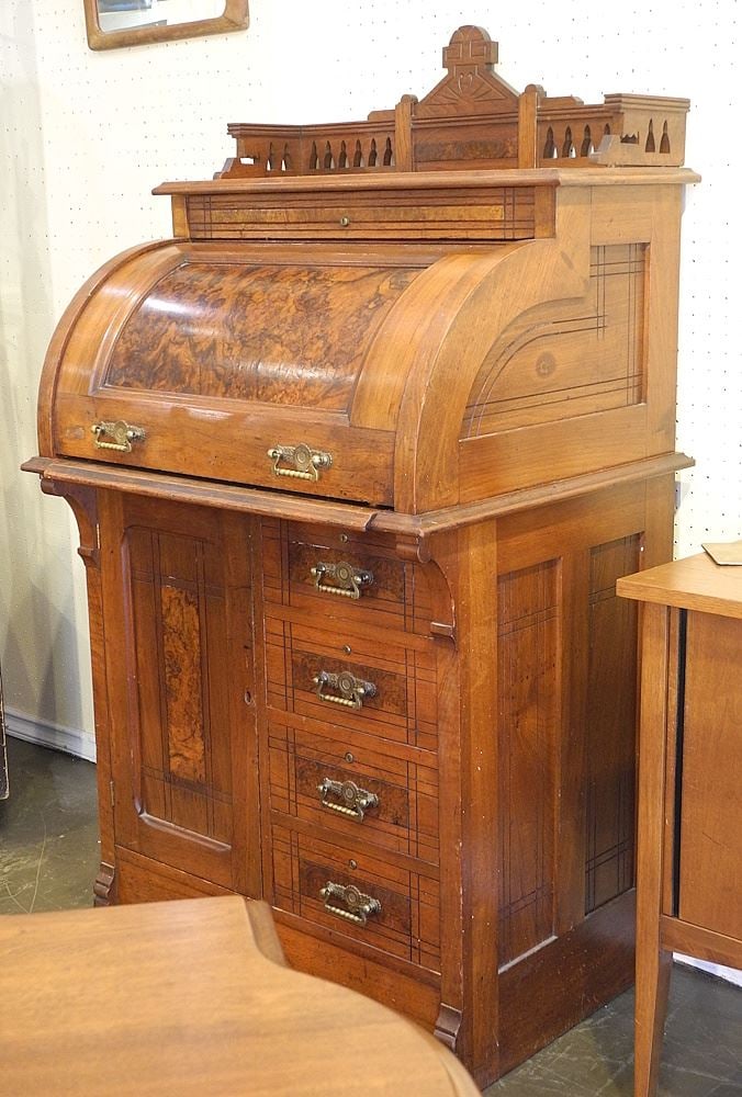 Eastlake Burr Walnut Small Roll Top Desk, 30"w x 55"h. (1 of 3)