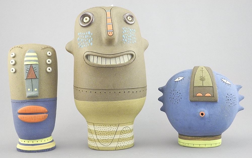 Three Luciano Polverigiani Stoneware Busts, 4 1/4 - 7 7/8"h. Monogrammed LP 13 & 14: Three Luciano Polverigiani Stoneware Busts, 4 1/4 - 7 7/8"h. Monogrammed LP 13 & 14