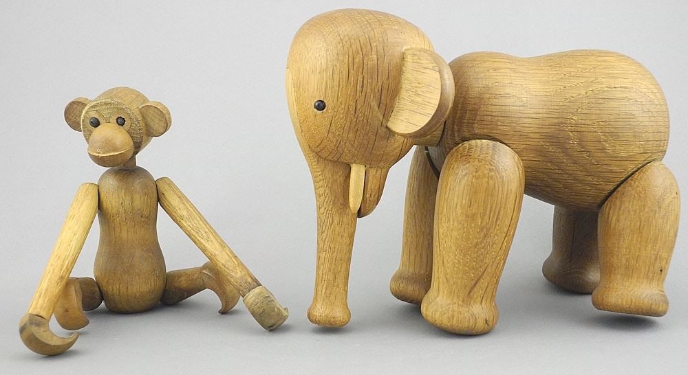 Kay Bojesen Elephant (signed, 6 1/4" L) & Bojesen-Style Monkey. (1 of 4)