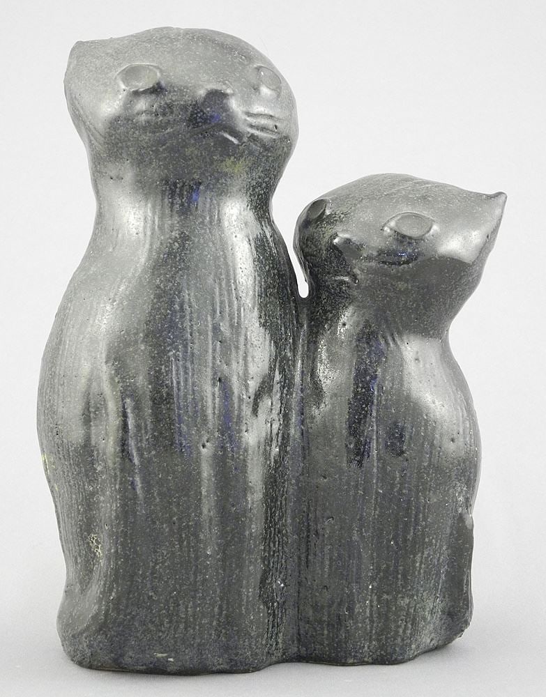 Stoneware Sculpture Monogrammed TK (Thomas Kakinuma), 7 1/4"h, "Two Black Cats". (1 of 3)