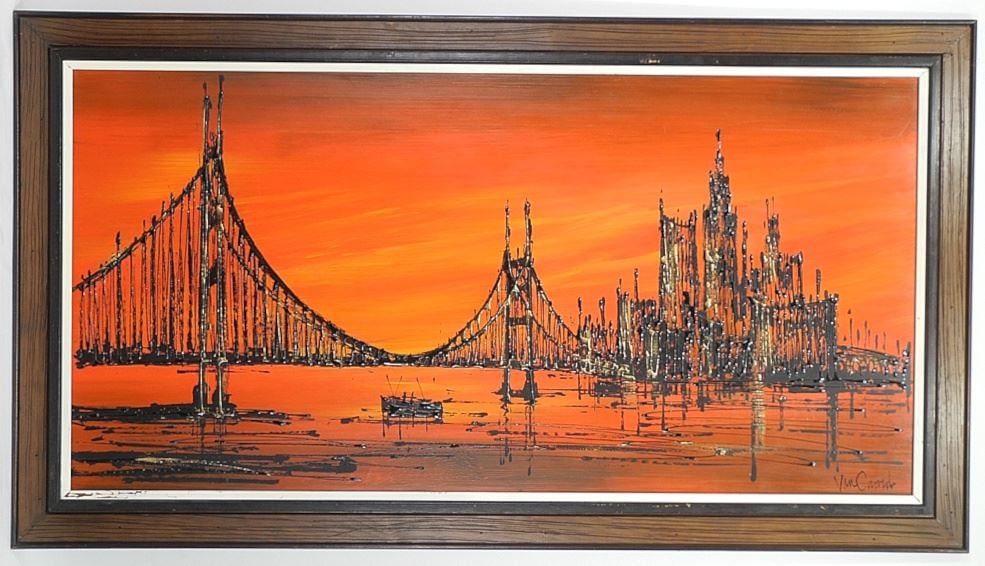 Mixed Media on Board signed Van Gaard (VanGuard Studios), 24 x 48", "Suspension Bridge".: Mixed Media on Board signed Van Gaard (VanGuard Studios), 24 x 48", "Suspension Bridge".