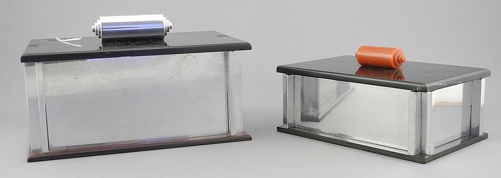 Two Art Deco Celluloid & Aluminum Cigarette & Cigar Boxes, 6 1/4 x 7 1/2" (as found). (1 of 2)