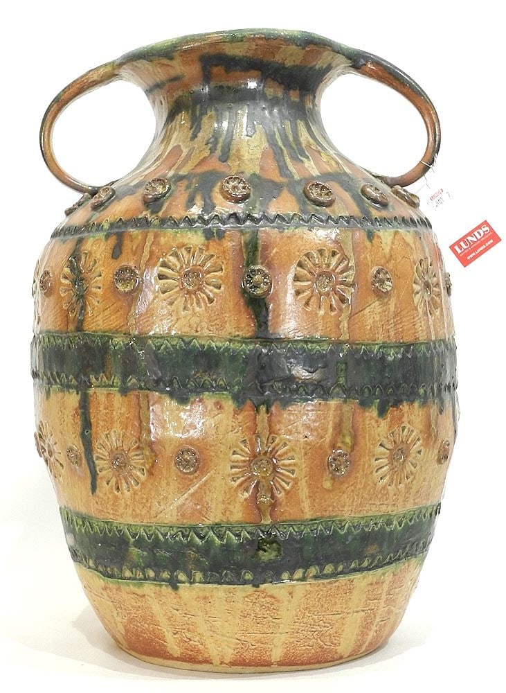 Stoneware Handled Pot signed Margo, 17 1/2"h. (1 of 3)