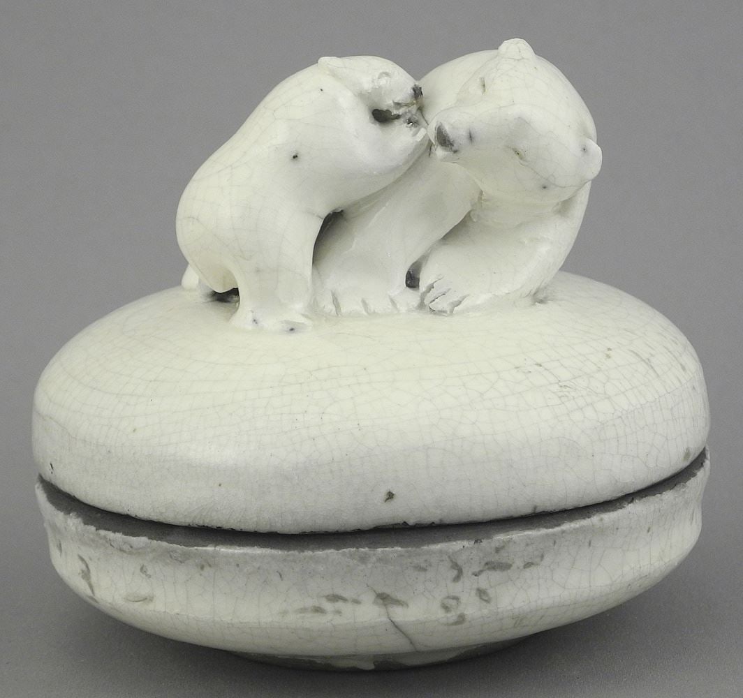 Raku "Polar Bear" Box signed Barb Sachs, 3 1/2" Diameter. (1 of 3)