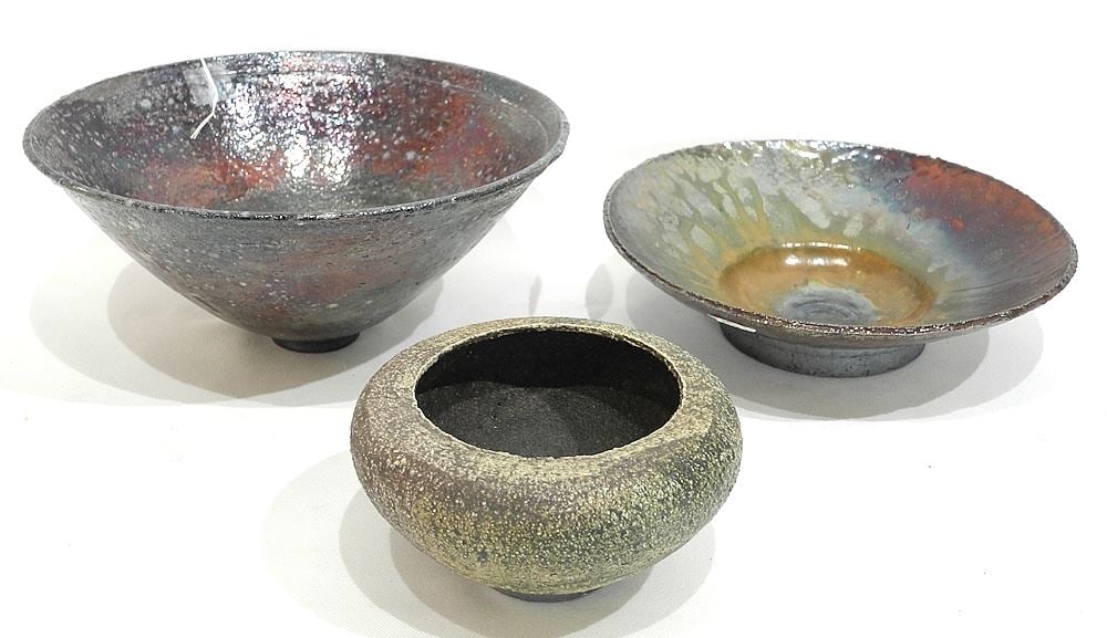 Three Raku Bowls signed Richard (Mosselman), 8 1/2 & 9 1/4" Diameter: Three Raku Bowls signed Richard (Mosselman), 8 1/2 & 9 1/4" Diameter