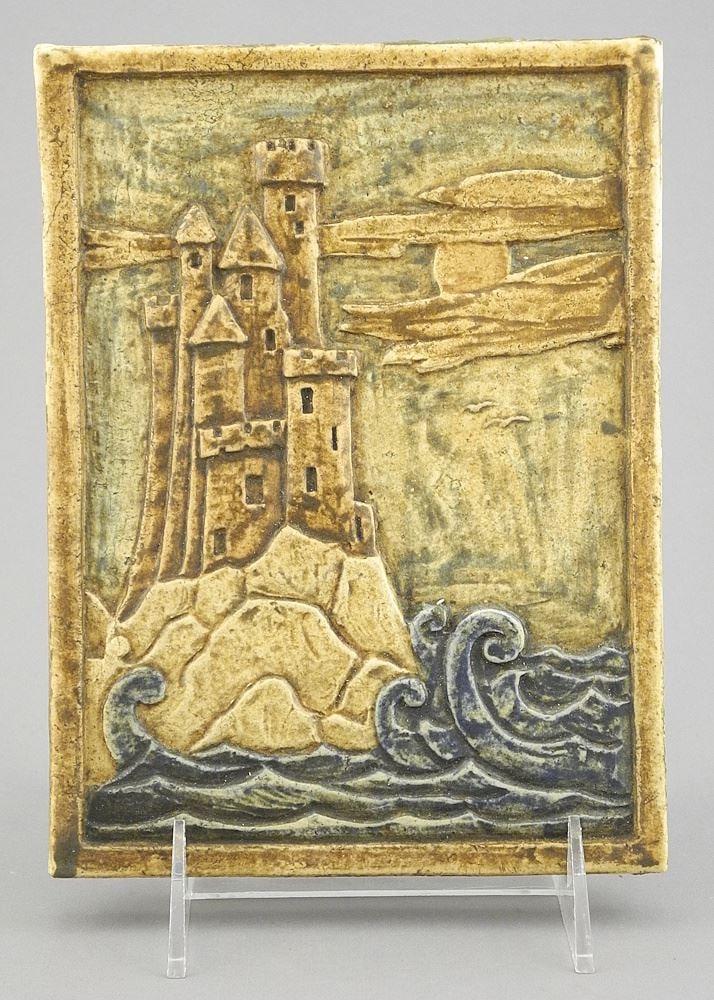 American Art Pottery "Castle on Cliff" Tile, 7 3/4 x 5 3/4". (1 of 2)