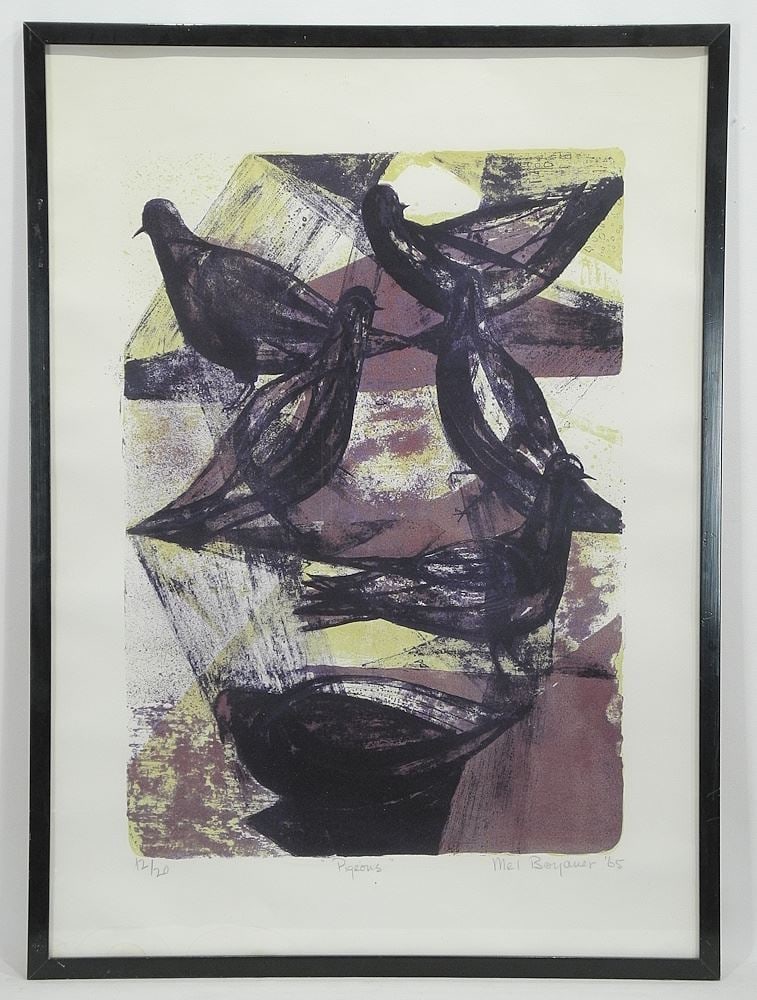 Print signed Mel Boyaner '65, 30 x 22", "Pigeons".: Print signed Mel Boyaner '65, 30 x 22", "Pigeons".