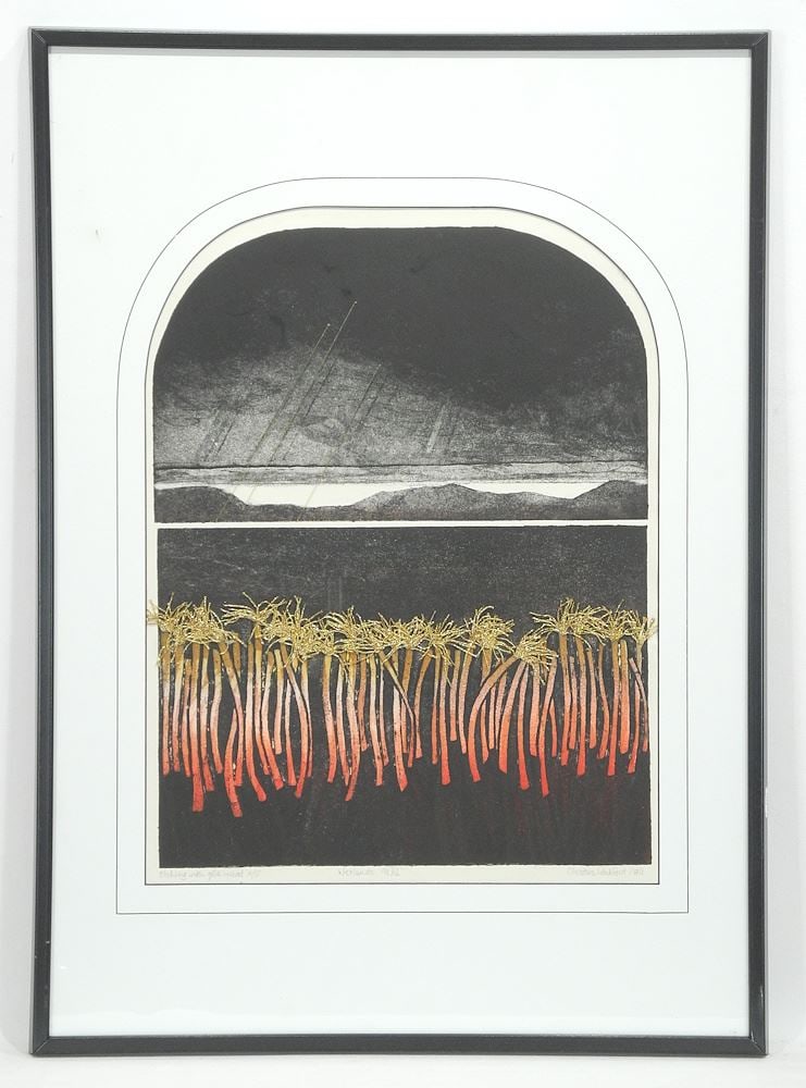 Etching with Gold Thread signed Christine Packford, 18 1/2 x 14", "Wetlands Gold 1984".: Etching with Gold Thread signed Christine Packford, 18 1/2 x 14", "Wetlands Gold 1984".