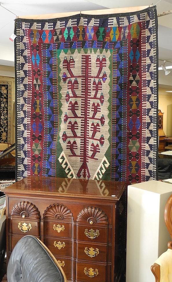 Flatweave Kilim, Blue/Green/Magenta, Approximately 91' x 56".: Flatweave Kilim, Blue/Green/Magenta, Approximately 91' x 56".