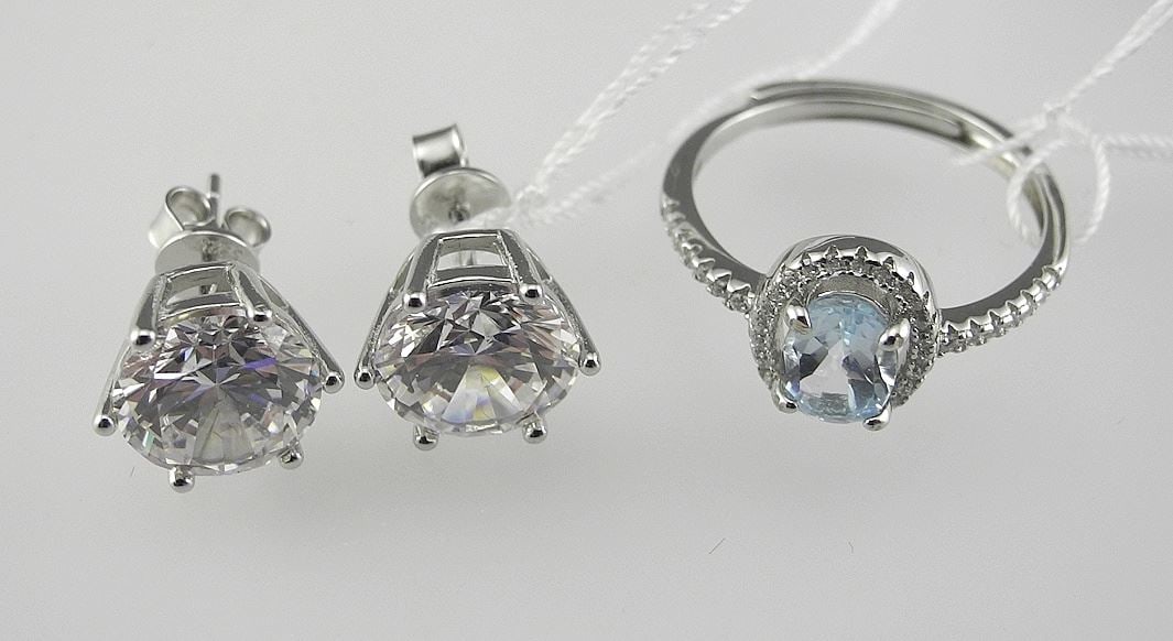 Oval Cut Natural Blue Topaz Ring (resizable) & CZ Earrings Mounted in Sterling w/ White Gold (1 of 4)