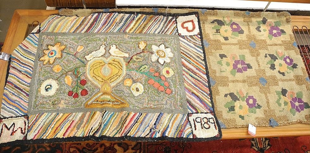 Two Vintage Hooked Mats, Largest 4'8" x 2'4". (1 of 3)