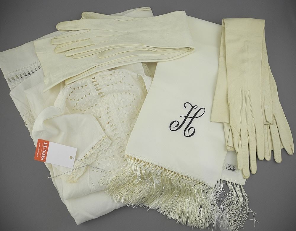 Collection of Christening Gown/ Evening Gloves/Monogrammed H Scarf.: Collection of Christening Gown/ Evening Gloves/Monogrammed H Scarf.