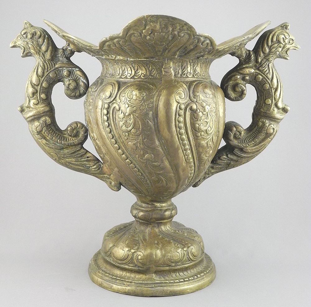 Brass Renaissance Revival Chimaera Handled Urn, 12 3/8"h.: Brass Renaissance Revival Chimaera Handled Urn, 12 3/8"h.