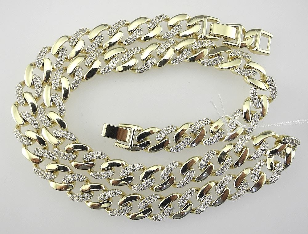 14K Gold Plated Iced Out Cuban Necklace, 19-20"L.: 14K Gold Plated Iced Out Cuban Necklace, 19-20"L.