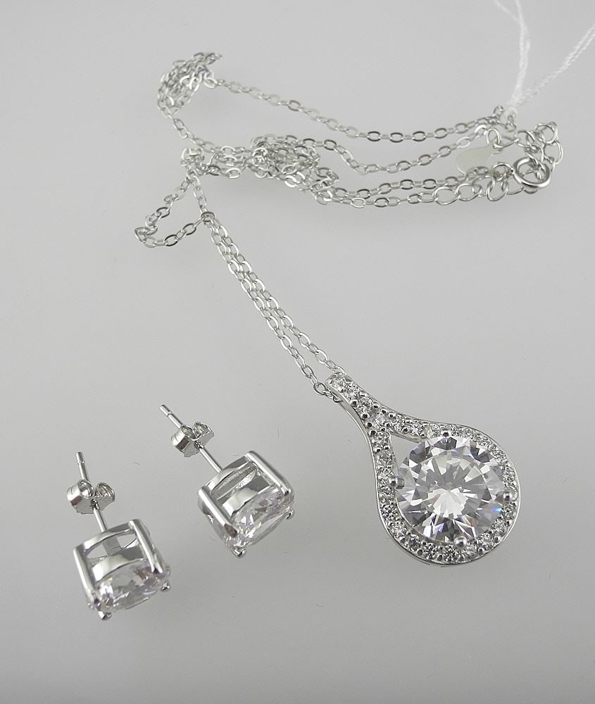 CZ Teardrop Necklace & Earrings Mounted in Sterling with White Gold Overlay, 16-18"L.: CZ Teardrop Necklace & Earrings Mounted in Sterling with White Gold Overlay, 16-18"L.