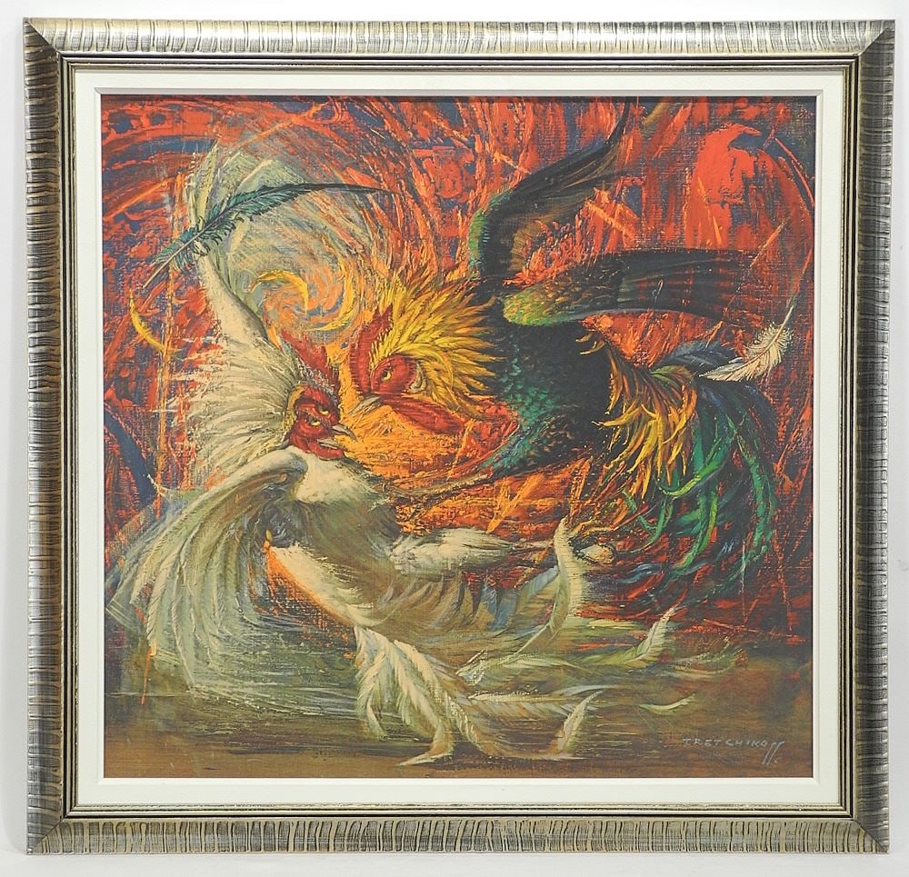 Colour Print by Vladimir Tretchikoff , 24 1/4 x 25 1/2", "Cock Fight". (1 of 3)