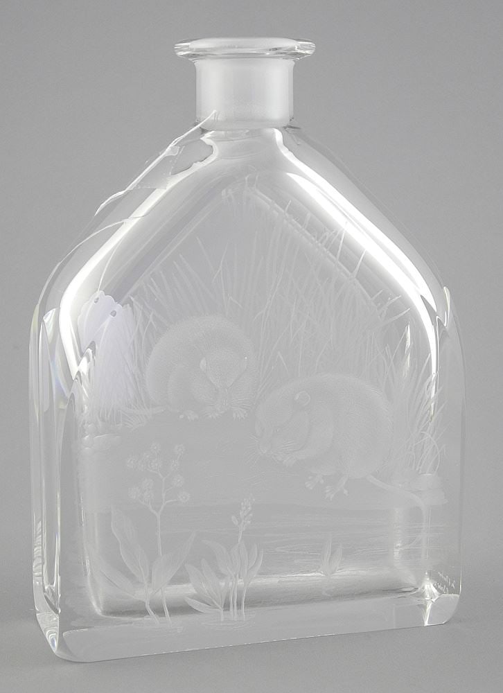 Orefors Crystal Decanter After A. Thornburn by P. Dreiser, 8 1/4"h (lacking stopper).: Orefors Crystal Decanter After A. Thornburn by P. Dreiser, 8 1/4"h (lacking stopper).