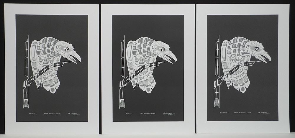 Three Photo Lithograph signed Jim Gilbert, Sheet 21 x 15 1/4", "Raven Discovers Light", ed. of 7 (1 of 4)