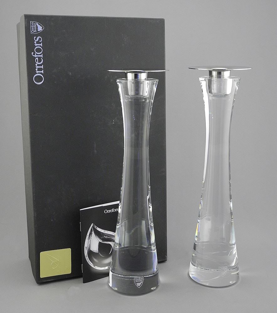 Pair of Orrefors Crystal Candlesticks (10 3/4"h) with Original Box. (1 of 4)